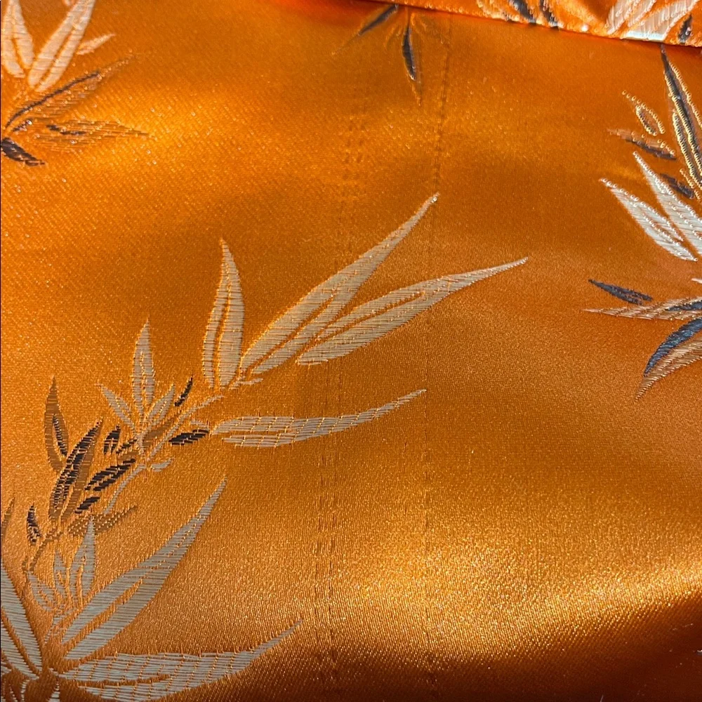 Oriental Orange Kimono Robe with Belt and Gold,Copper,Brown Leaf Pattern OS